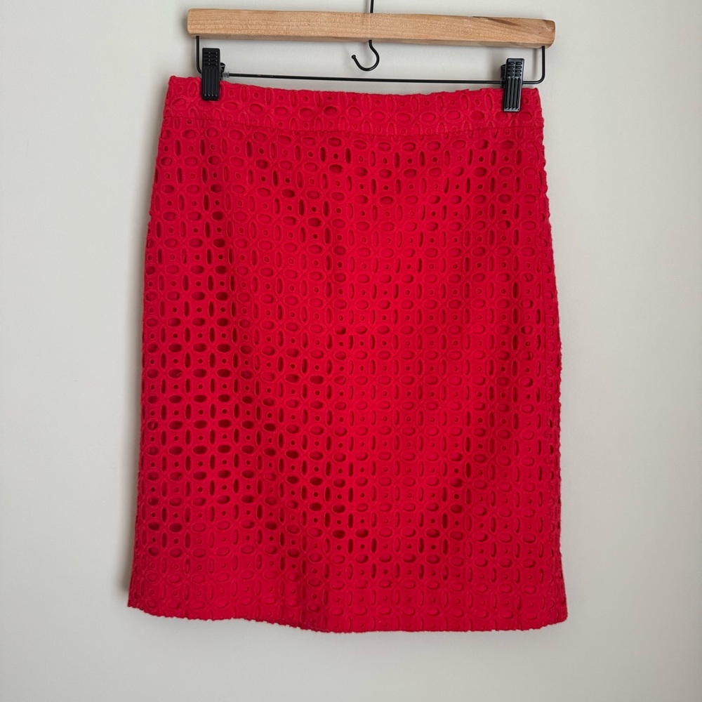 J. Crew Red Eyelet Pencil Skirt